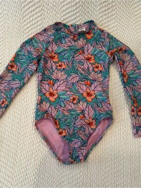 Cat & Jack Girls' Floral Long-Sleeve One-Piece Swimsuit Pink & Teal, Size M (8)